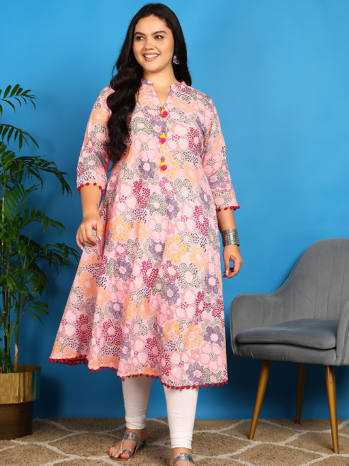 Yash Gallery Women’s Cotton Printed A-Line Kurta Mandarin Collar V-Neck, 3/4 Sleeves (Pink)