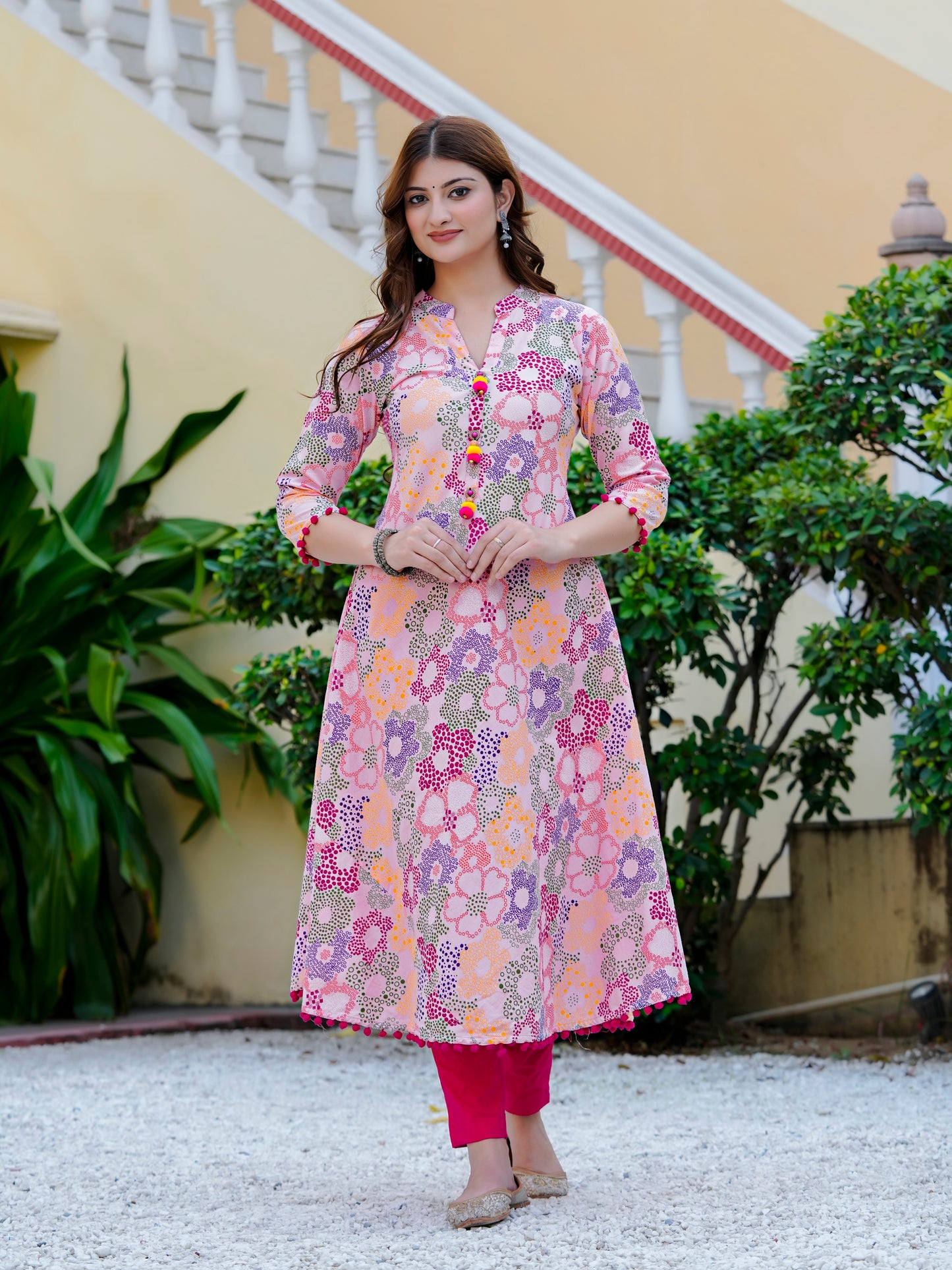 Yash Gallery Women’s Cotton Printed A-Line Kurta Mandarin Collar V-Neck, 3/4 Sleeves