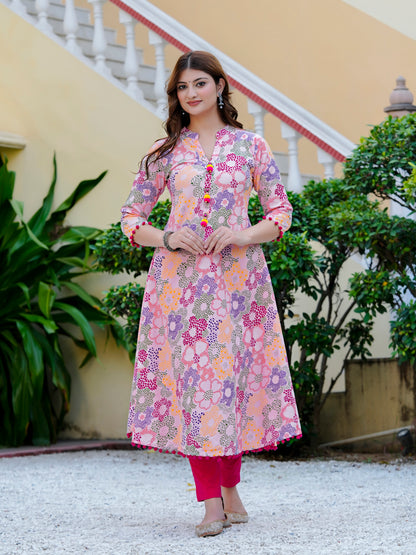 Yash Gallery Women’s Cotton Printed A-Line Kurta Mandarin Collar V-Neck, 3/4 Sleeves