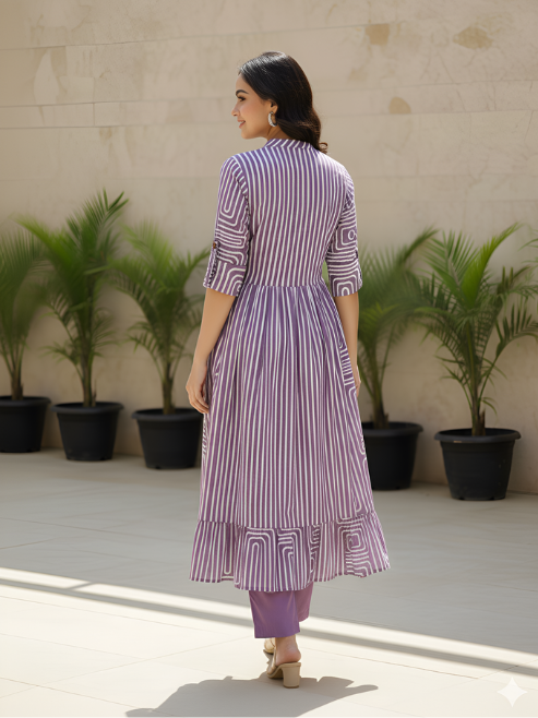 Yash Gallery Women’s Cotton Printed Kurta with Pant Set Mandarin Collar, Elbow Sleeves, A-Line Flare (Purple)