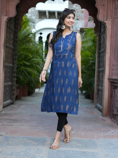 Yash Gallery Women’s Rayon Printed Straight Kurta Round Neck with V-Notch, Gota Lace Neckline Detailing Sleeveless (Blue)