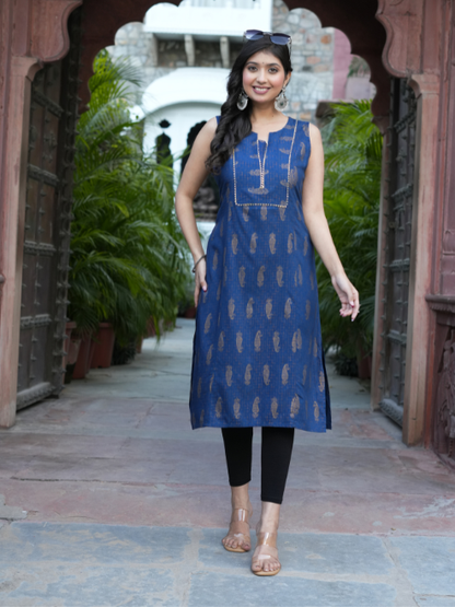 Yash Gallery Women’s Rayon Printed Straight Kurta Round Neck with V-Notch, Gota Lace Neckline Detailing Sleeveless (Blue)