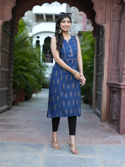 Yash Gallery Women’s Rayon Printed Straight Kurta Round Neck with V-Notch, Gota Lace Neckline Detailing Sleeveless (Blue)