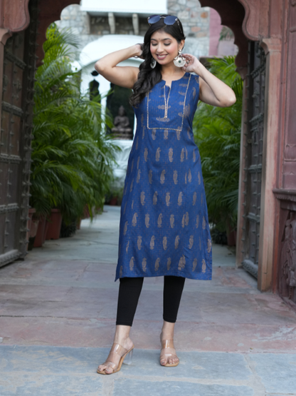 Yash Gallery Women’s Rayon Printed Straight Kurta Round Neck with V-Notch, Gota Lace Neckline Detailing Sleeveless (Blue)