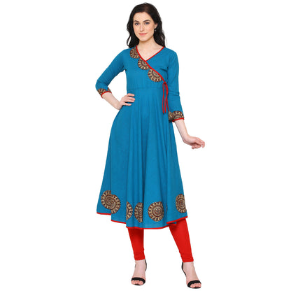 Yash Gallery Women's Cotton Slub Patch Work Angrakha Kurta Plus Size