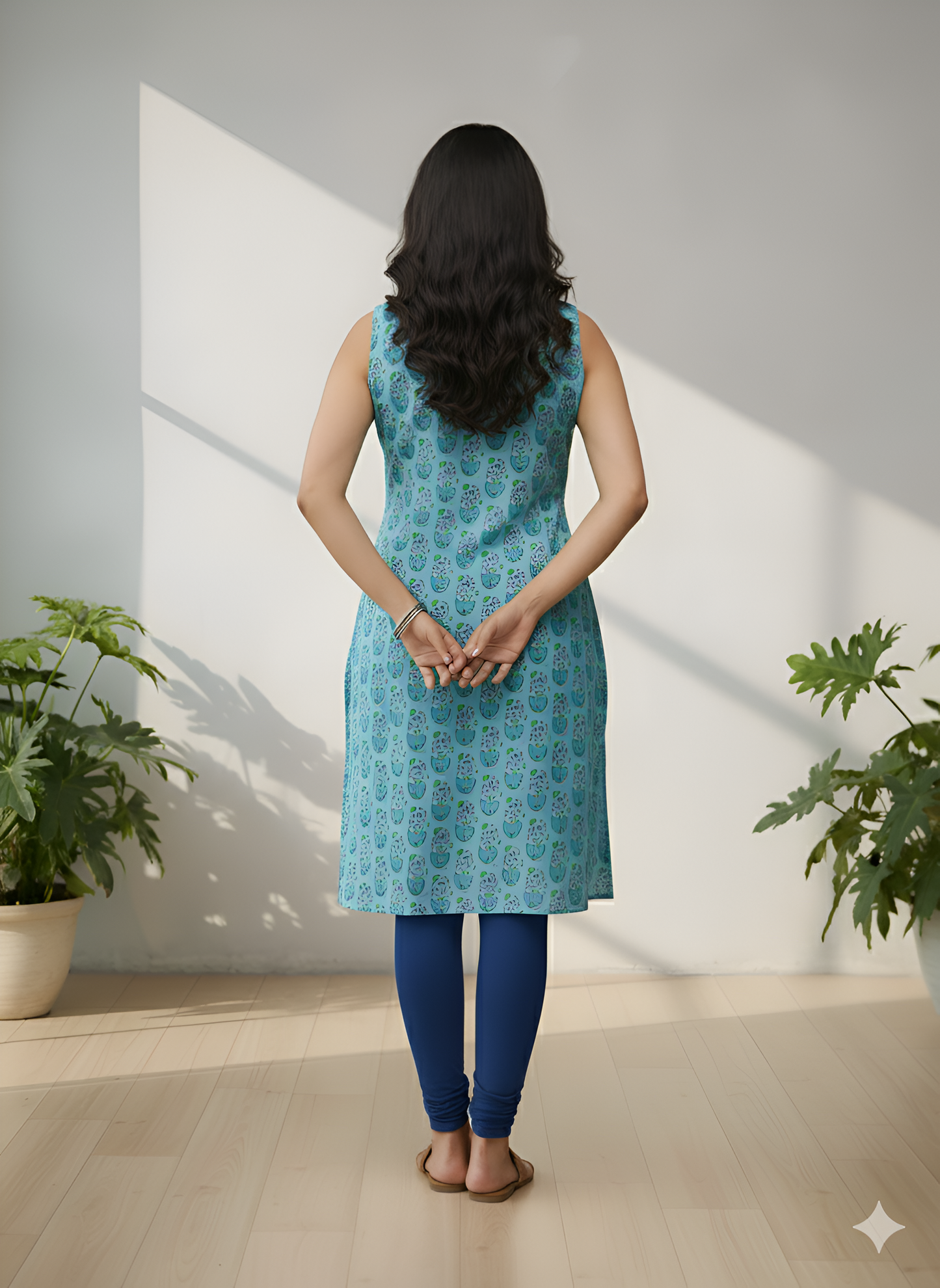 Yash Gallery Women’s Cotton Printed Sleeveless Kurta Round Notch Neck with Lace-Trim Yoke (Blue)