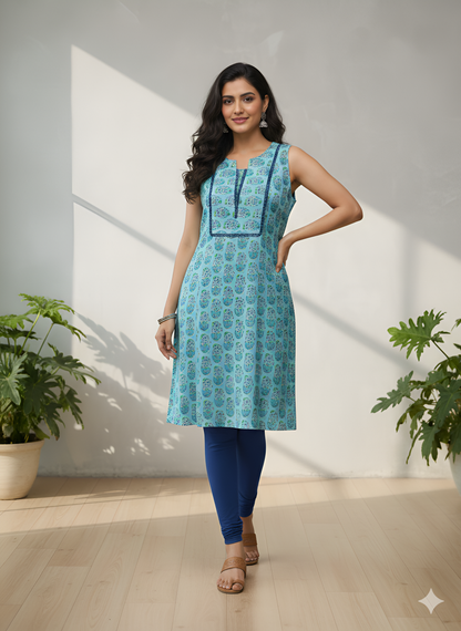 Yash Gallery Women’s Cotton Printed Sleeveless Kurta Round Notch Neck with Lace-Trim Yoke (Blue)