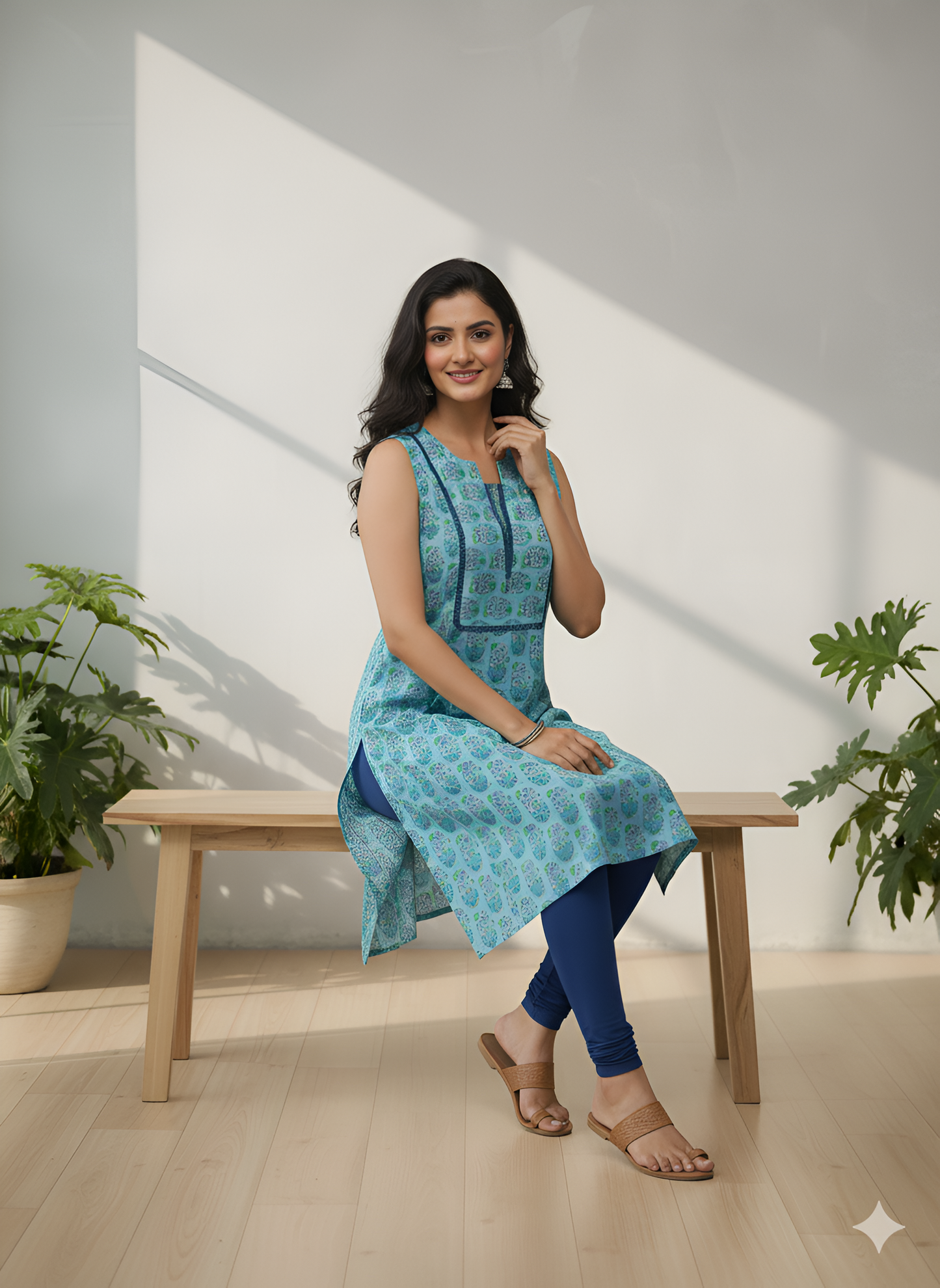 Yash Gallery Women’s Cotton Printed Sleeveless Kurta Round Notch Neck with Lace-Trim Yoke (Blue)