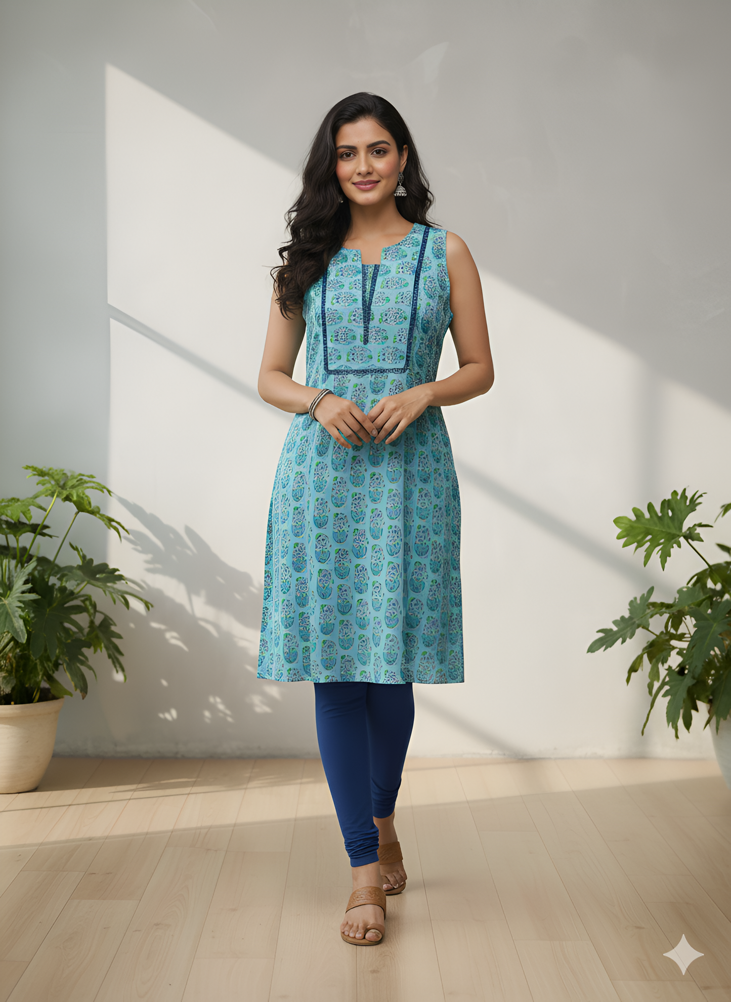 Yash Gallery Women’s Cotton Printed Sleeveless Kurta Round Notch Neck with Lace-Trim Yoke (Blue)