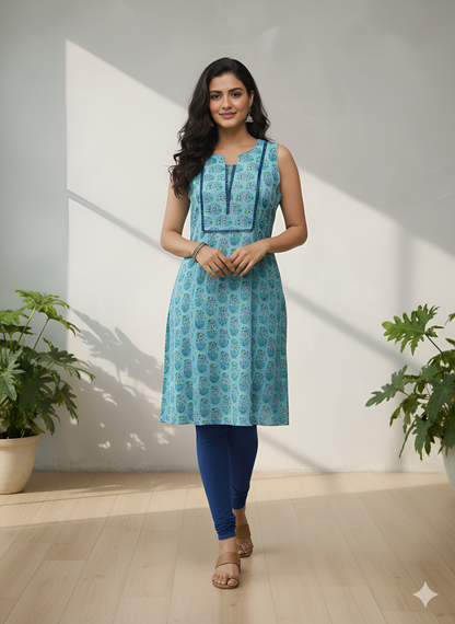 Yash Gallery Women’s Cotton Printed Sleeveless Kurta Round Notch Neck with Lace-Trim Yoke (Blue)