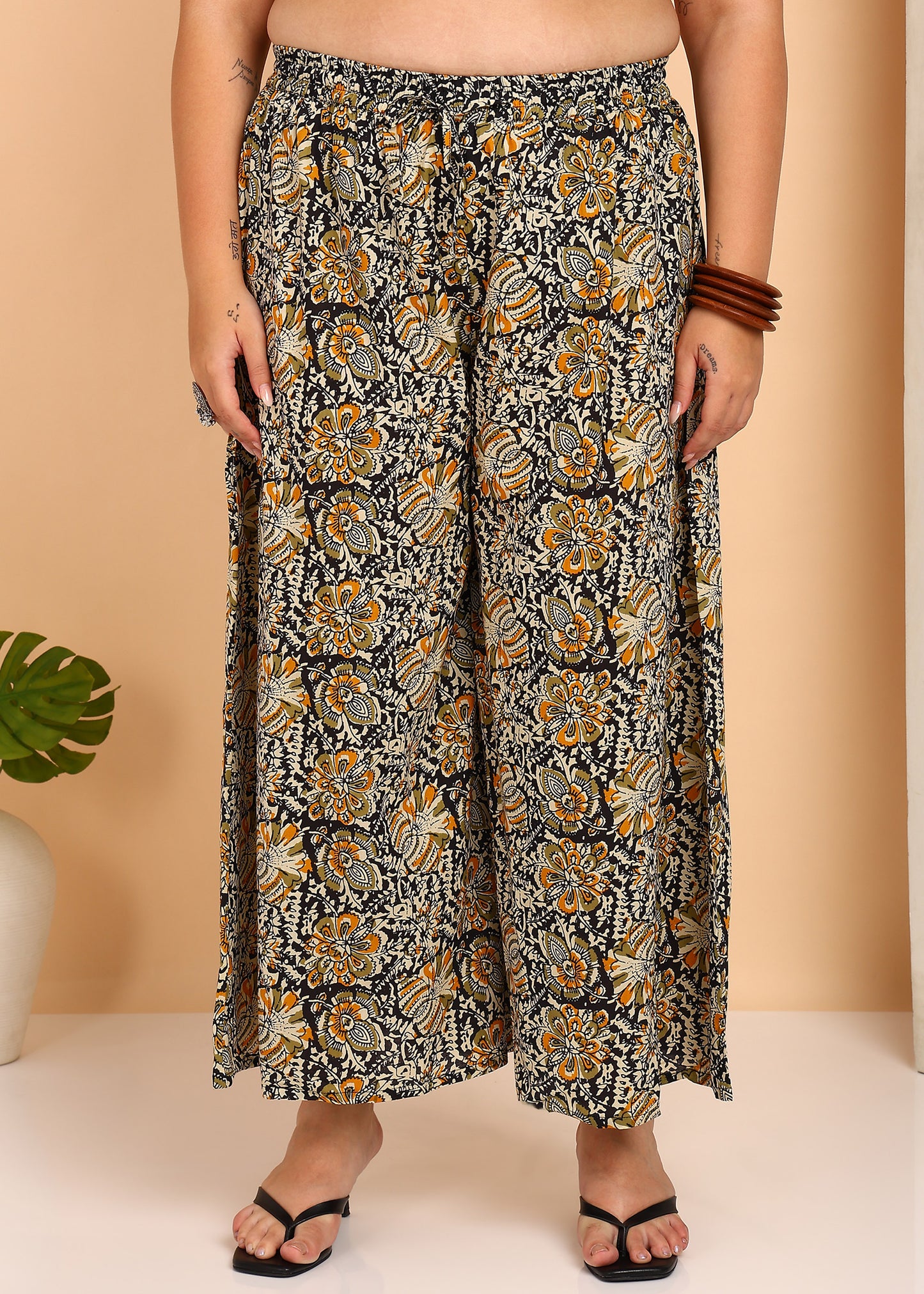 YASH GALLERY Women's Cotton Slub Solid Straight Kurta with Ajarak Printed Palazzo Set (Mustard)