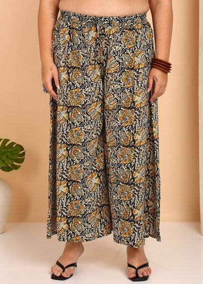 YASH GALLERY Women's Cotton Slub Solid Straight Kurta with Ajarak Printed Palazzo Set (Mustard)