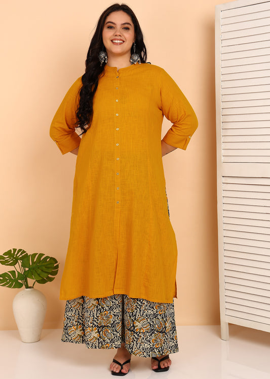 YASH GALLERY Women's Cotton Slub Solid Straight Kurta with Ajarak Printed Palazzo Set (Mustard)