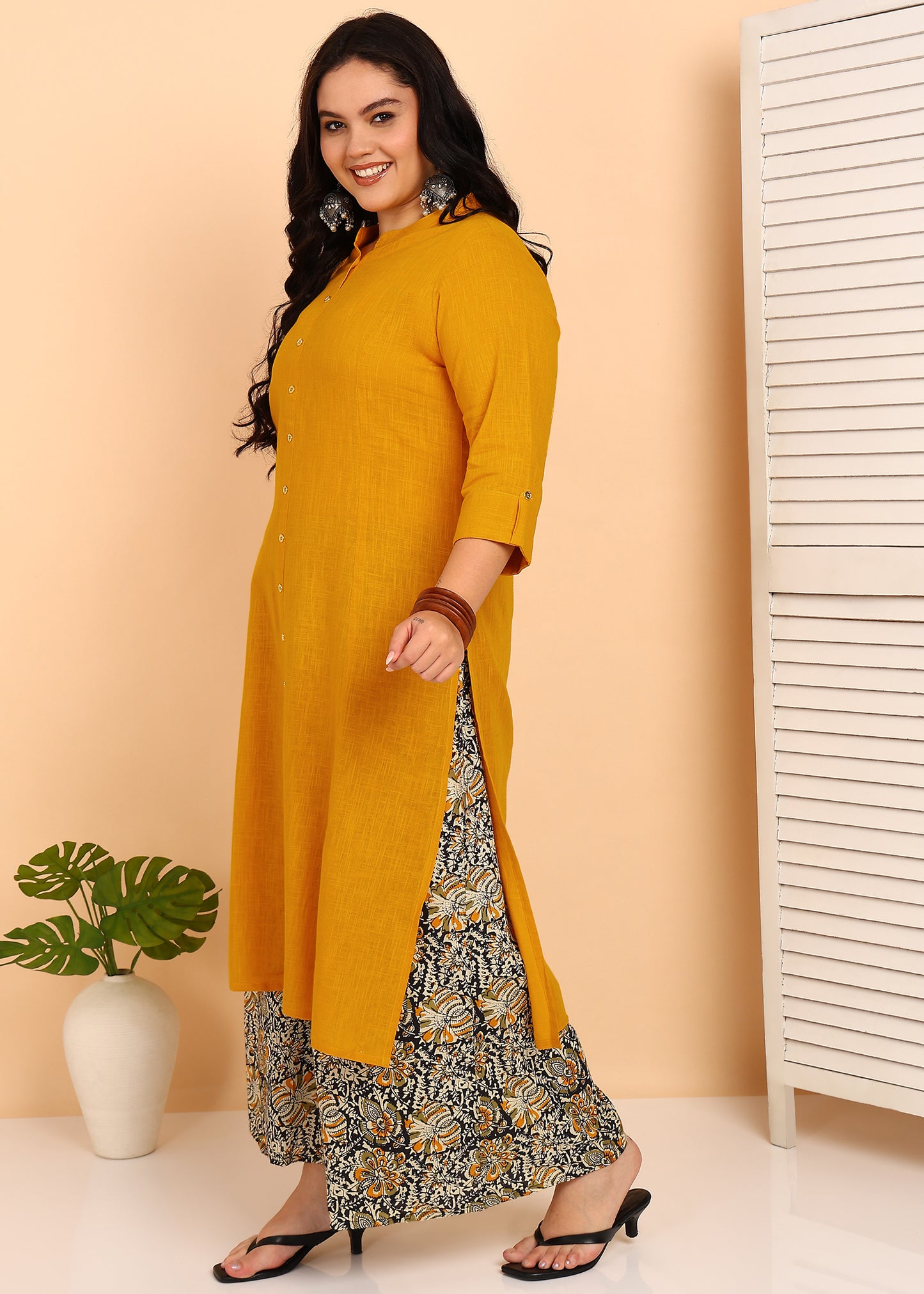 YASH GALLERY Women's Cotton Slub Solid Straight Kurta with Ajarak Printed Palazzo Set (Mustard)