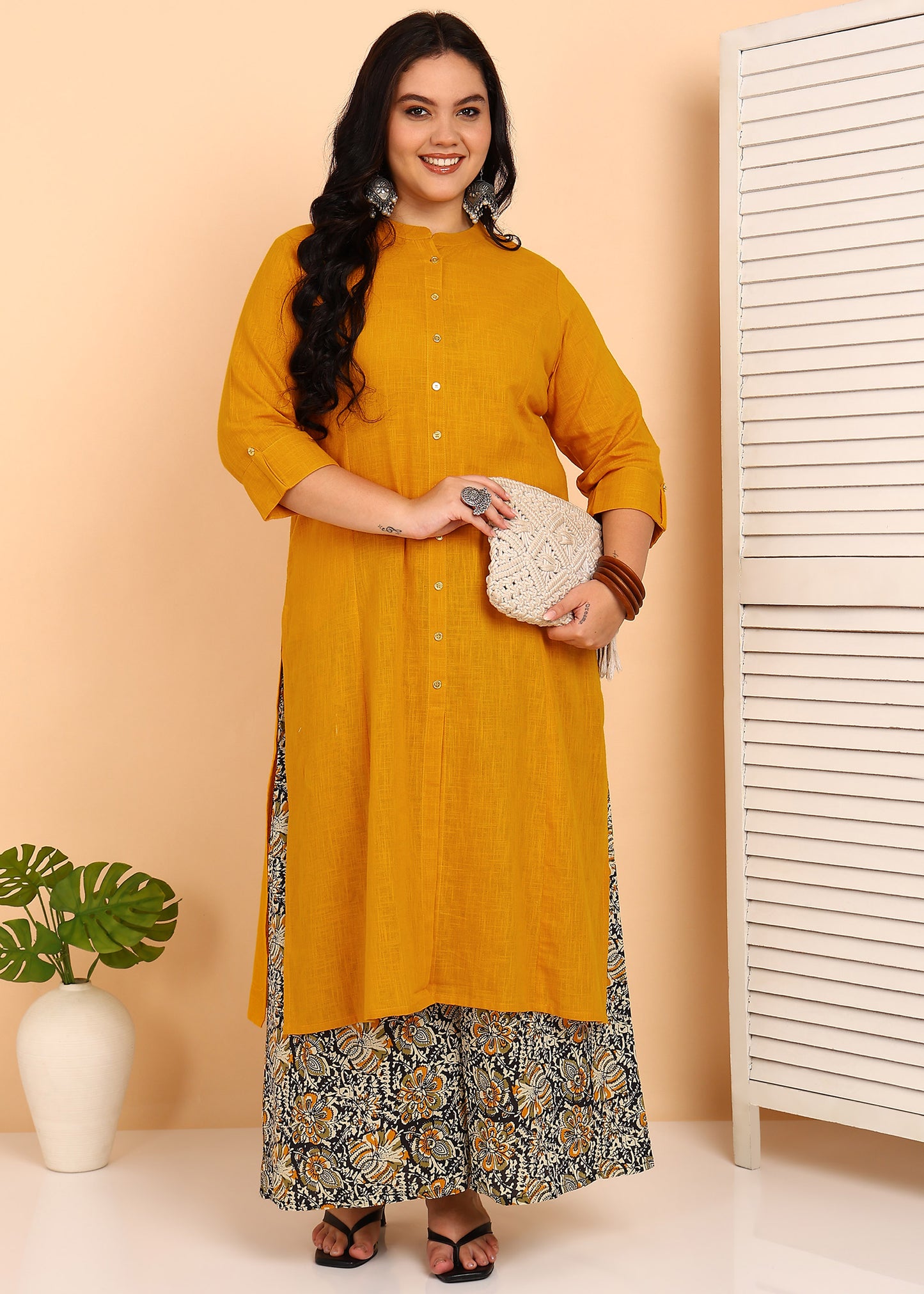YASH GALLERY Women's Cotton Slub Solid Straight Kurta with Ajarak Printed Palazzo Set (Mustard)