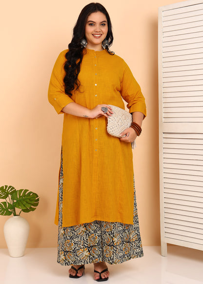 YASH GALLERY Women's Cotton Slub Solid Straight Kurta with Ajarak Printed Palazzo Set (Mustard)