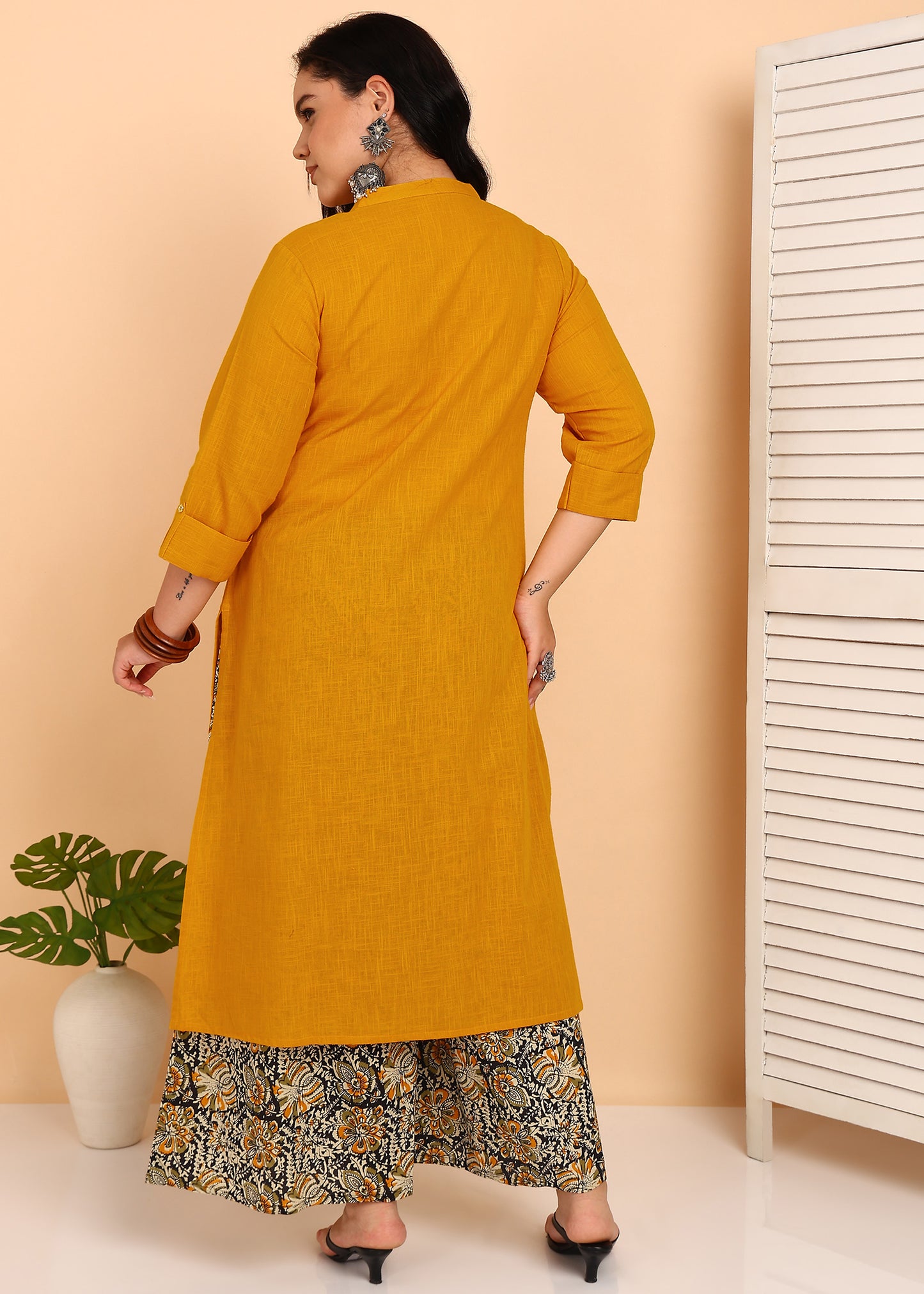 YASH GALLERY Women's Cotton Slub Solid Straight Kurta with Ajarak Printed Palazzo Set (Mustard)