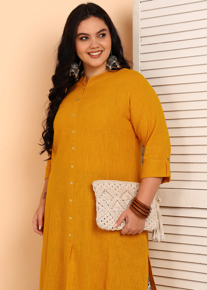 YASH GALLERY Women's Cotton Slub Solid Straight Kurta with Ajarak Printed Palazzo Set (Mustard)