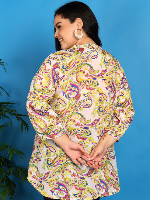 Yash Gallery Women’s Polyester Marble Print Short Kurti Mandarin Collar with Pintuck Pleats 3/4th Sleeve