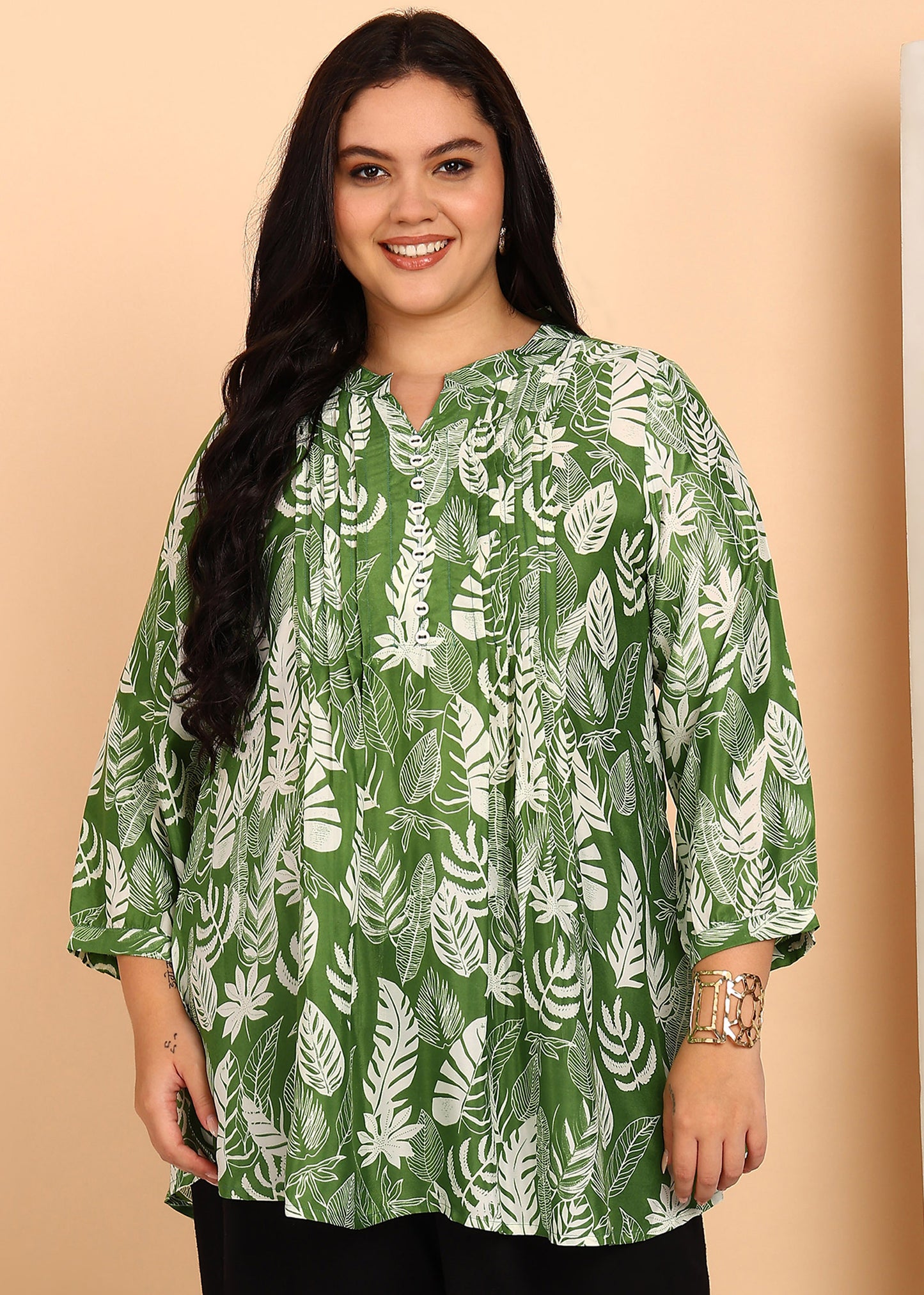Yash Gallery Women’s Green Leaf Print Microfiber Tunic with Pintuck Detailing & 3/4th Sleeves (GREEN)