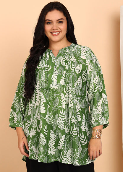 Yash Gallery Women’s Green Leaf Print Microfiber Tunic with Pintuck Detailing & 3/4th Sleeves (GREEN)