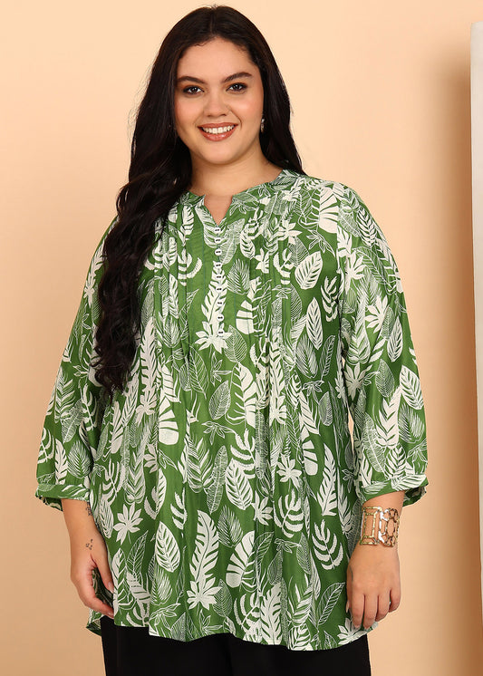 Yash Gallery Women’s Green Leaf Print Microfiber Tunic with Pintuck Detailing & 3/4th Sleeves (GREEN)