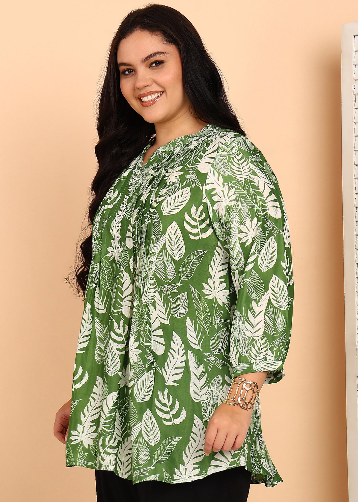 Yash Gallery Women’s Green Leaf Print Microfiber Tunic with Pintuck Detailing & 3/4th Sleeves (GREEN)