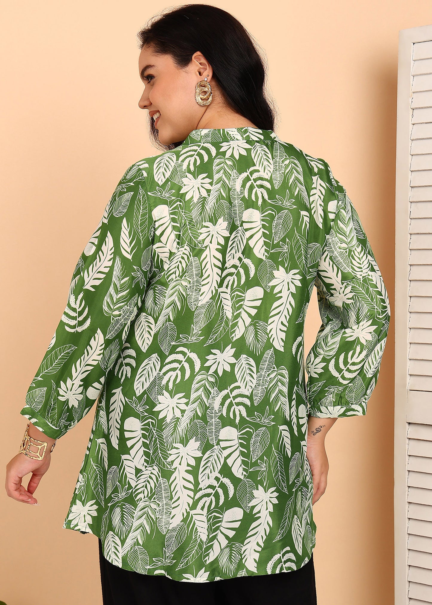 Yash Gallery Women’s Green Leaf Print Microfiber Tunic with Pintuck Detailing & 3/4th Sleeves (GREEN)