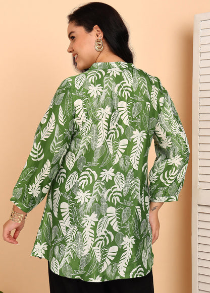 Yash Gallery Women’s Green Leaf Print Microfiber Tunic with Pintuck Detailing & 3/4th Sleeves (GREEN)
