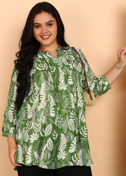 Yash Gallery Women’s Green Leaf Print Microfiber Tunic with Pintuck Detailing & 3/4th Sleeves (GREEN)