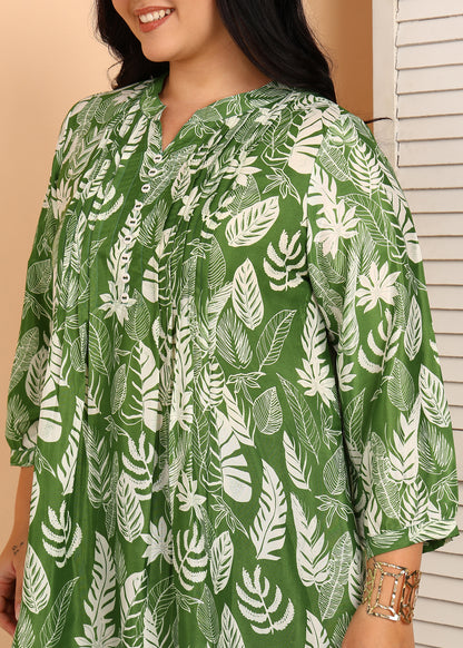Yash Gallery Women’s Green Leaf Print Microfiber Tunic with Pintuck Detailing & 3/4th Sleeves (GREEN)