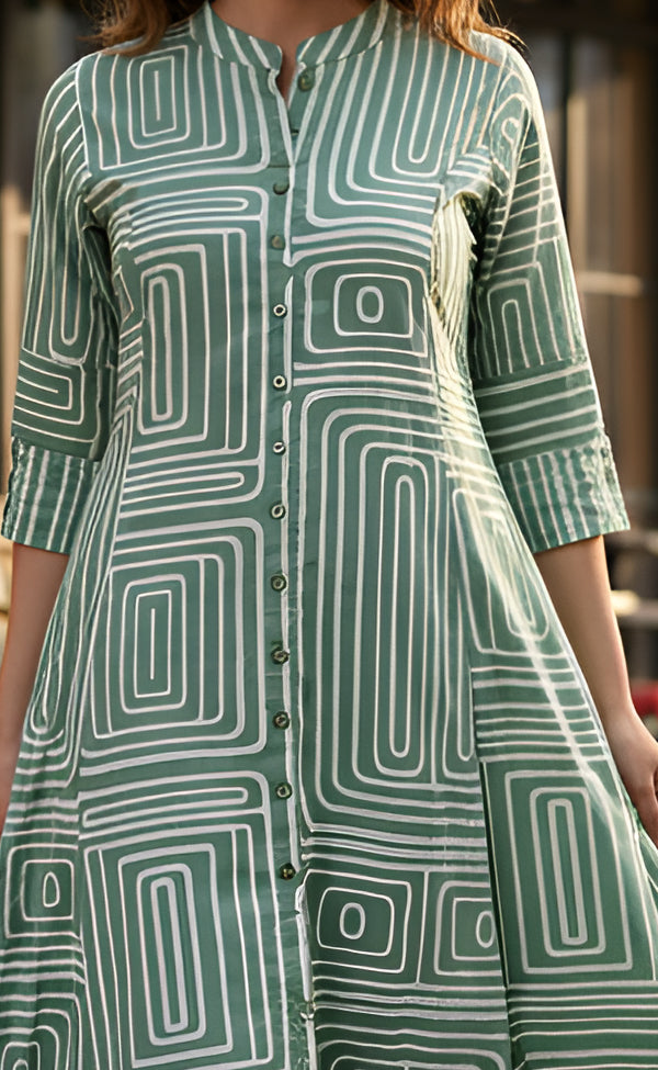 Yash Gallery Women’s Cotton Geometric Printed A-Line Kurta with Pants Set (Green)