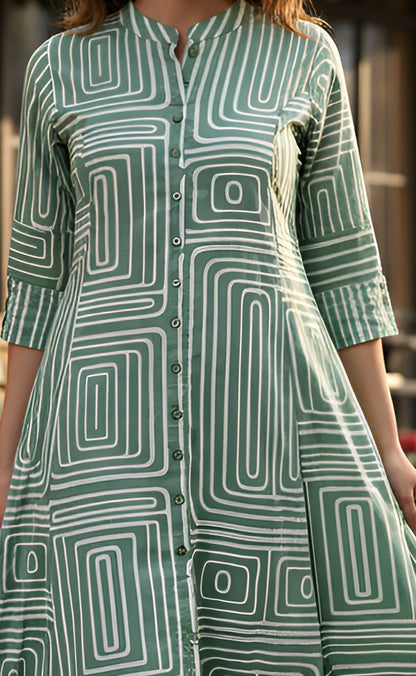 Yash Gallery Women’s Cotton Geometric Printed A-Line Kurta with Pants Set (Green)