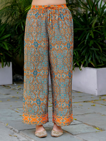 Yash Gallery Women’s Wrinkle-Free Digital Print Collared Neck Top with 3/4 Sleeves & Matching Palazzo Pants Co-ords Set