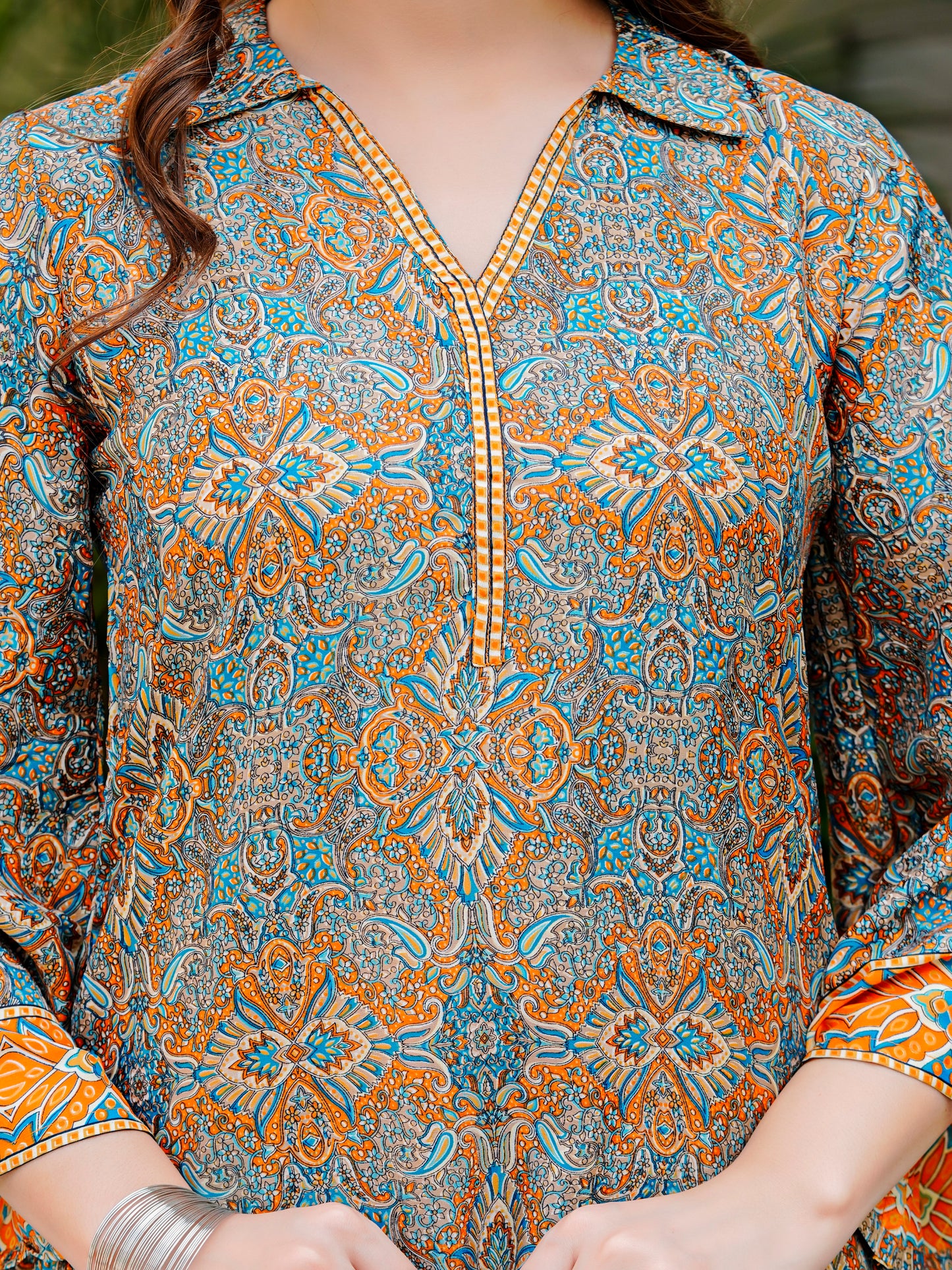 Yash Gallery Women’s Wrinkle-Free Digital Print Collared Neck Top with 3/4 Sleeves & Matching Palazzo Pants Co-ords Set