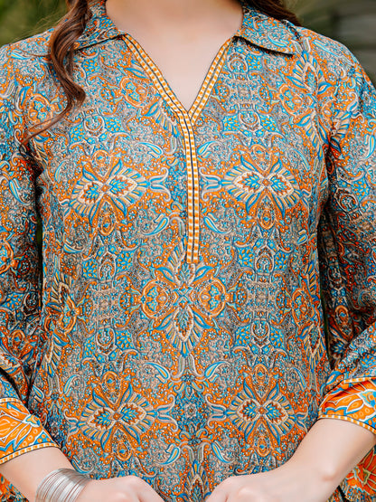 Yash Gallery Women’s Wrinkle-Free Digital Print Collared Neck Top with 3/4 Sleeves & Matching Palazzo Pants Co-ords Set