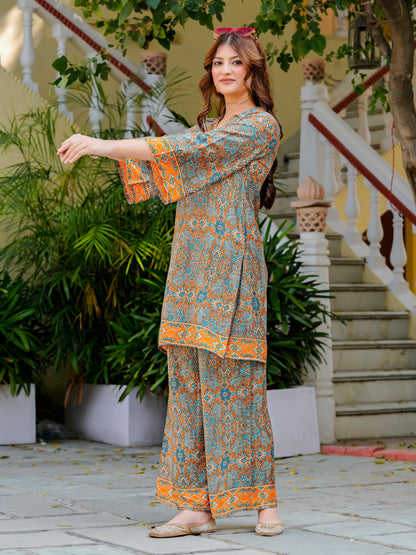 Yash Gallery Women’s Wrinkle-Free Digital Print Collared Neck Top with 3/4 Sleeves & Matching Palazzo Pants Co-ords Set