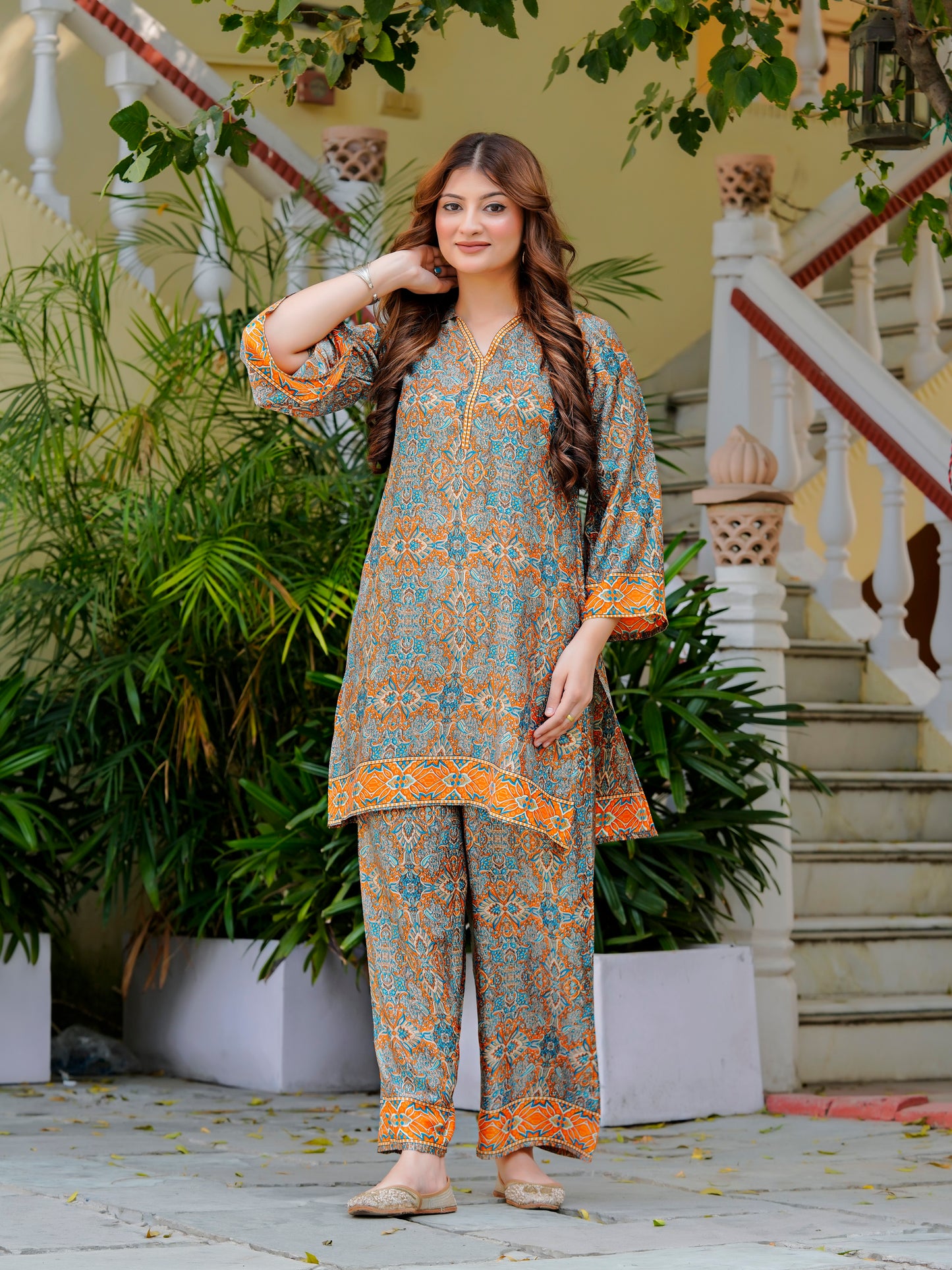 Yash Gallery Women’s Wrinkle-Free Digital Print Collared Neck Top with 3/4 Sleeves & Matching Palazzo Pants Co-ords Set