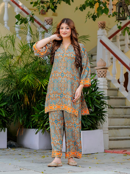 Yash Gallery Women’s Wrinkle-Free Digital Print Collared Neck Top with 3/4 Sleeves & Matching Palazzo Pants Co-ords Set