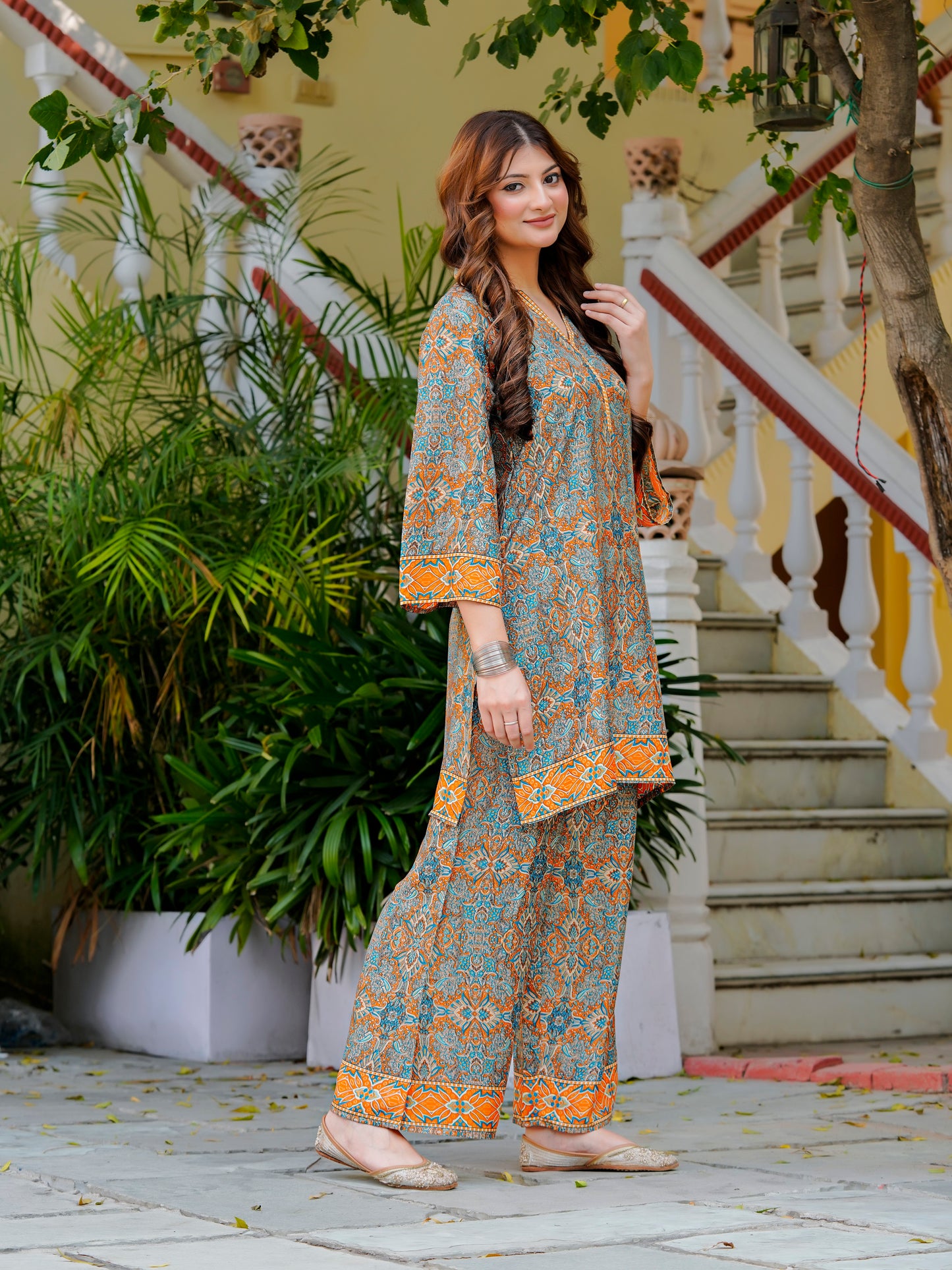 Yash Gallery Women’s Wrinkle-Free Digital Print Collared Neck Top with 3/4 Sleeves & Matching Palazzo Pants Co-ords Set