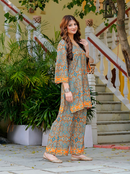 Yash Gallery Women’s Wrinkle-Free Digital Print Collared Neck Top with 3/4 Sleeves & Matching Palazzo Pants Co-ords Set