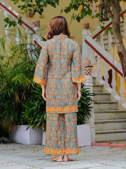 Yash Gallery Women’s Wrinkle-Free Digital Print Collared Neck Top with 3/4 Sleeves & Matching Palazzo Pants Co-ords Set