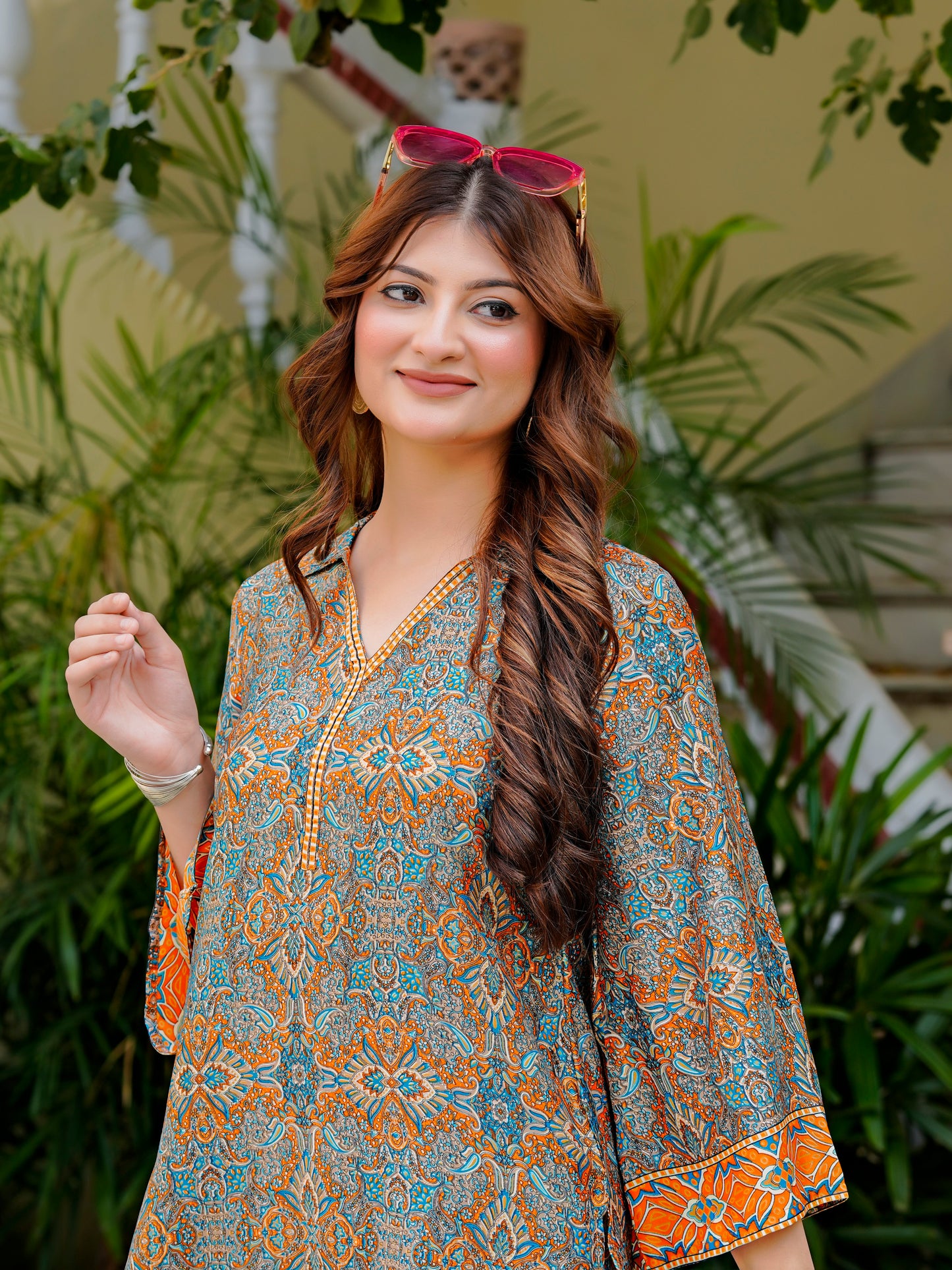 Yash Gallery Women’s Wrinkle-Free Digital Print Collared Neck Top with 3/4 Sleeves & Matching Palazzo Pants Co-ords Set
