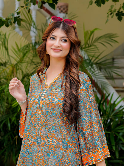 Yash Gallery Women’s Wrinkle-Free Digital Print Collared Neck Top with 3/4 Sleeves & Matching Palazzo Pants Co-ords Set