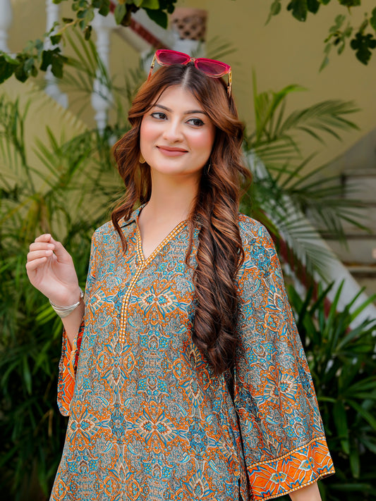 Yash Gallery Women’s Wrinkle-Free Digital Print Collared Neck Top with 3/4 Sleeves & Matching Palazzo Pants Co-ords Set