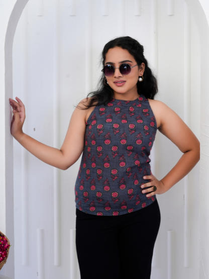 Yash Gallery Women's Cotton Regular Fit Floral Printed Hot Neck Regular Top