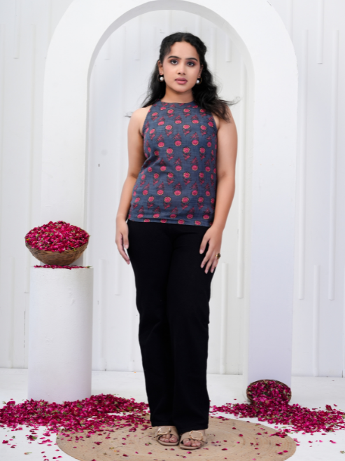 Yash Gallery Women's Cotton Regular Fit Floral Printed Hot Neck Regular Top