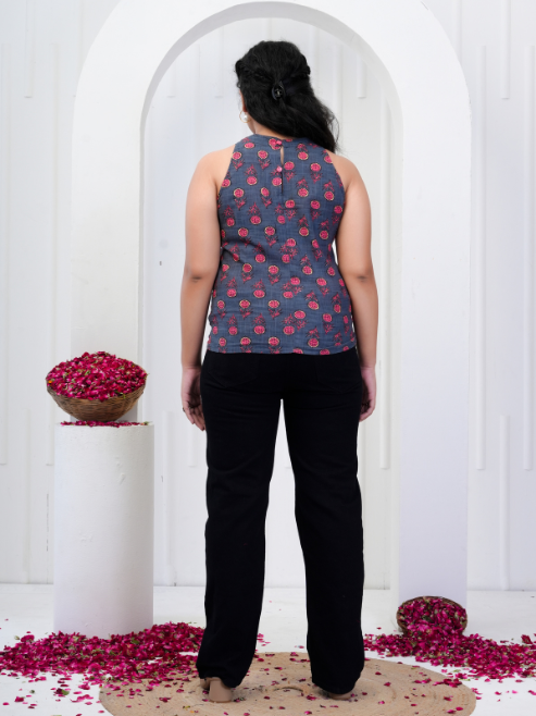 Yash Gallery Women's Cotton Regular Fit Floral Printed Hot Neck Regular Top