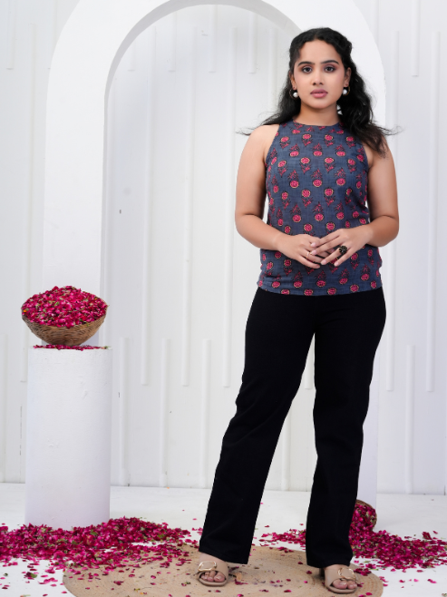 Yash Gallery Women's Cotton Regular Fit Floral Printed Hot Neck Regular Top