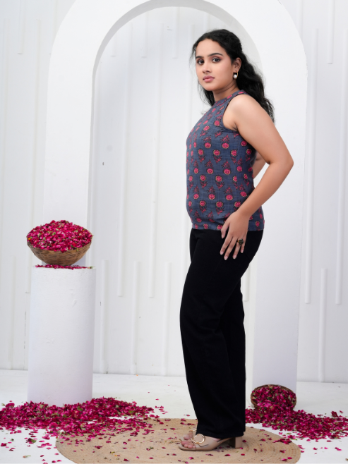 Yash Gallery Women's Cotton Regular Fit Floral Printed Hot Neck Regular Top